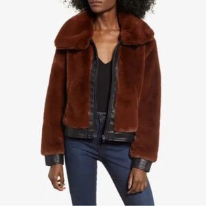 BLANKNYC - Women's Faux Fur Jacket w/ Faux Leather Trim - Small -‎ Black & Brown